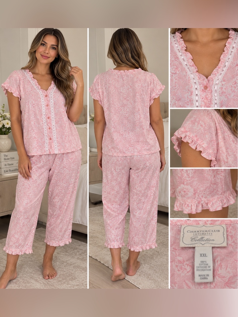 Charter Club Pink Lace-Trim Floral Pajama Set